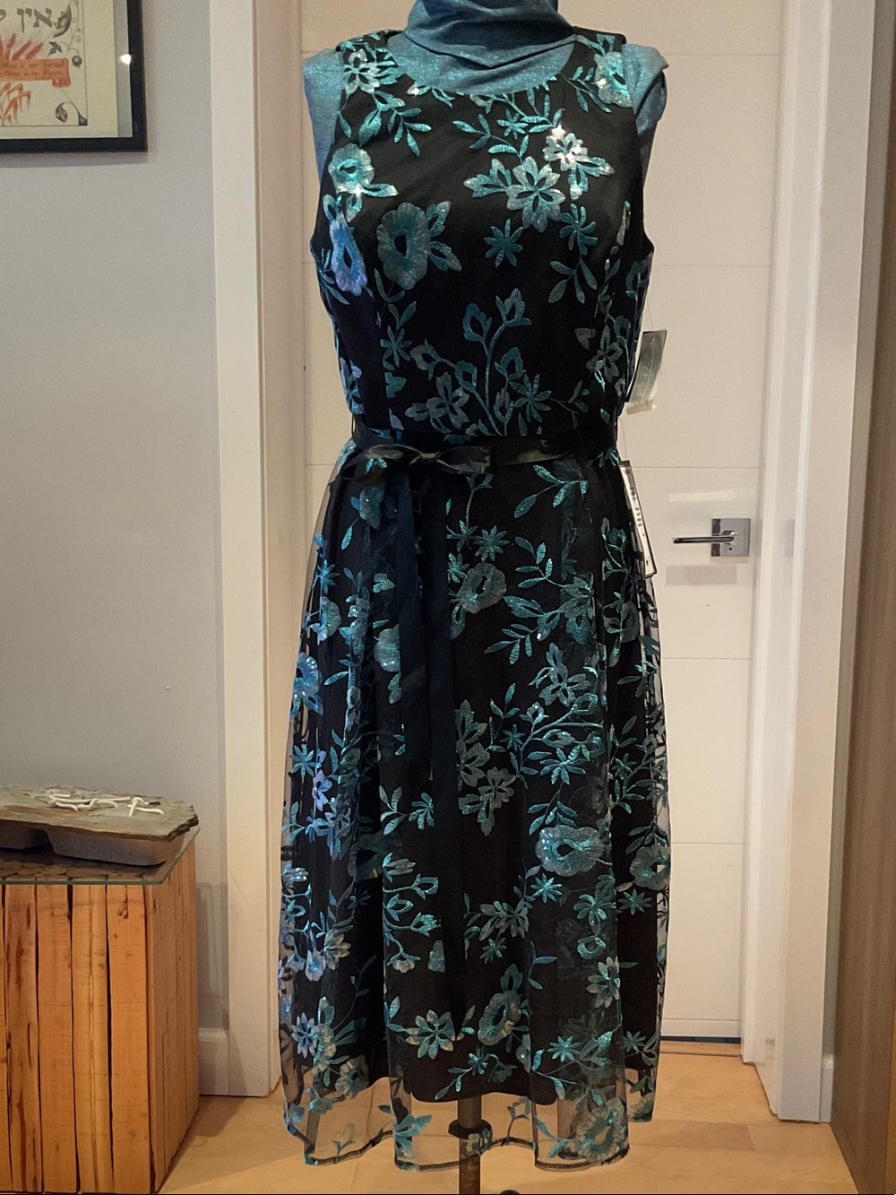 Alex Evenings Black Dress with Teal Floral Embroidery